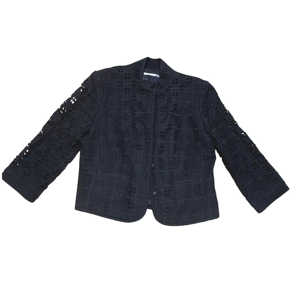 Peter Nygard Black Wool Blend Eyelet Embroidered Mock Neck Jacket 13145479